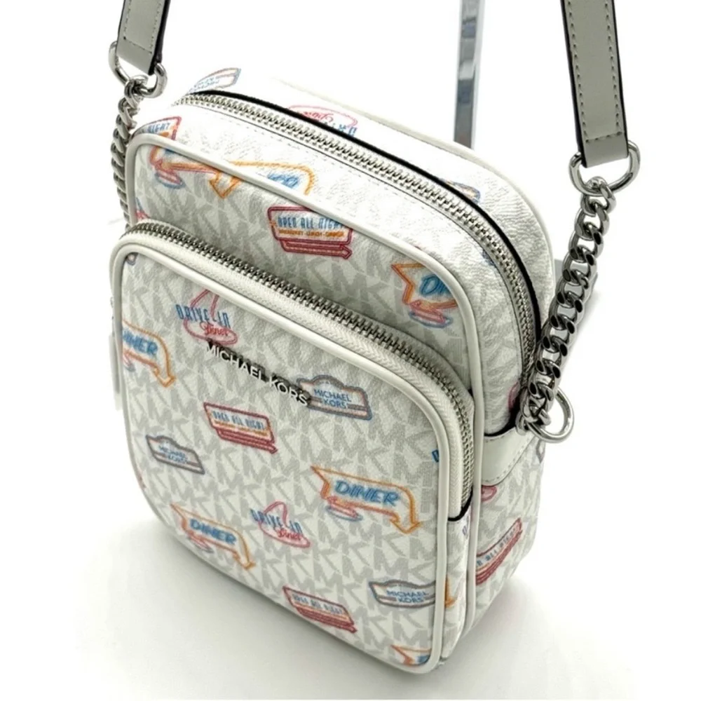 Michael Kors Jet Set Medium Printed Signature Logo Crossbody Bag Optic White
